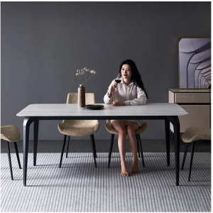 義式輕奢亮光巖板餐桌家用小戶型長方形飯桌現代簡約餐桌椅組合